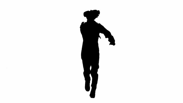 Black silhouette of maniac man in jumpsuit running with knife in hand. Unrecognizable man with curly hair on white isolated background.