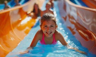 A young girl slides down a water slide.