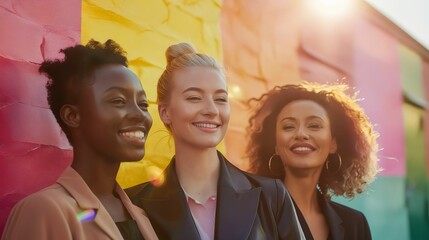 Three women smiling in front of a colorful wall. - Powered by Adobe