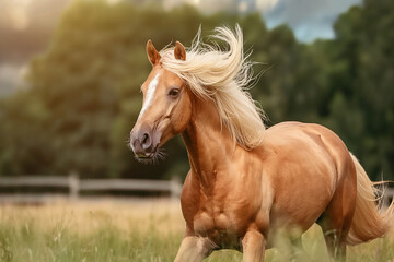 red and palomino horses in a field