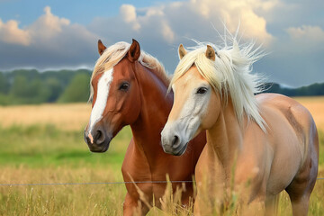 red and palomino horses in a field