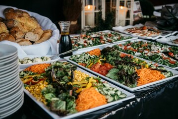 Assorted vegetable trays showcased alongside refreshing beverages