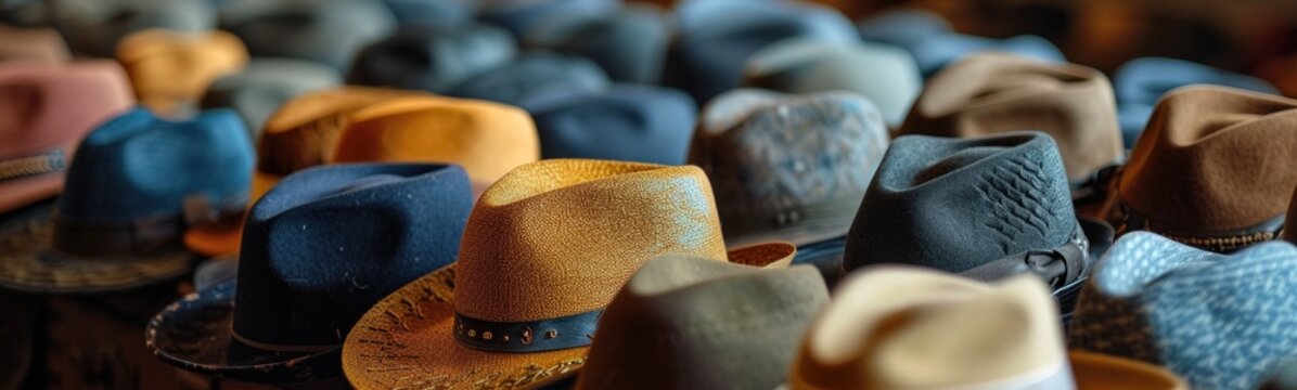 Several hats are lined up on a shelf in a room. Banner