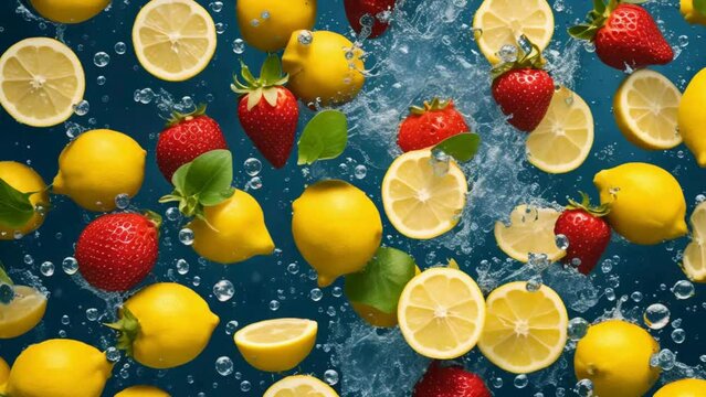 Strawberry & Lemon being dropped into clear water