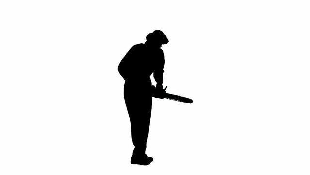 Black silhouette of male maniac in overalls walking with chainsaw in hand. Unrecognizable man with curly hair on white isolated background.