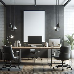 A office room with a mockup poster empty white and with a desk and chairs and a large picture frame realistic image attractive has illustrative lively.