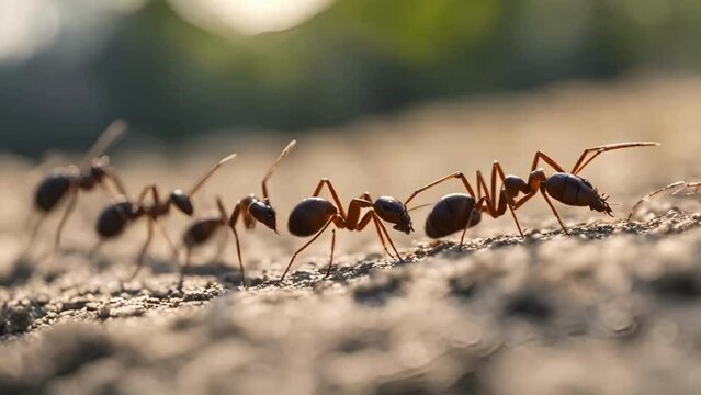 Ants on the ground, a close-up of ants marching in a line on the ground