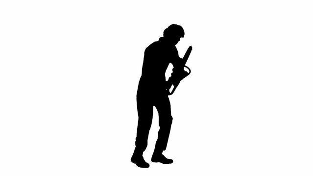 Black silhouette of male maniac in overalls running with chainsaw in hand. Unrecognizable man with curly hair on white isolated background. Side view.