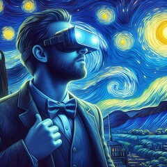 Painting  of A person wearing AR glasses looking at the stars at starry night Generative AI