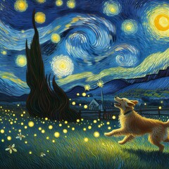 Painting of A dog chasing fireflies in the foreground  starry night Generative AI