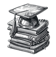 Pile of books with graduation cap on top. Back to school, education concept. Sketch vector illustration