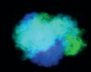 Colorful smoke powder graphic images. Green powder splatted  smoky background. Art rough stylized texture with space for text or image. Color smoke puff isolated black background. Abstract ink blot