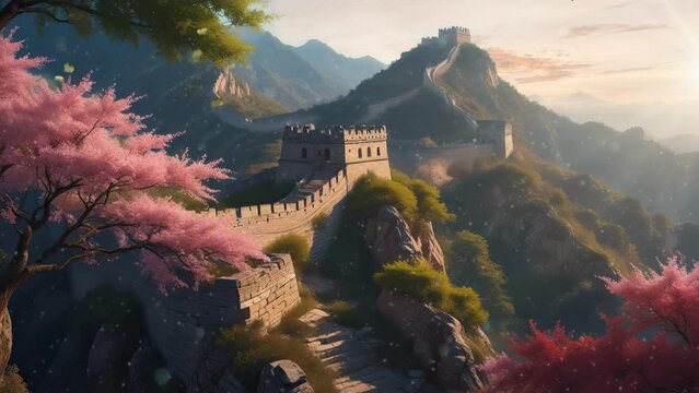 Explore the iconic Great Wall of China through this enchanting video illustration, capturing its sprawling presence and majestic watchtowers in exquisite detail.