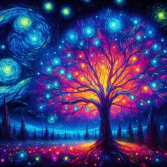 A Trees glowing with vibrant, neon colors at starry night Generative AI 