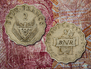 Close-up of 2 francs coin, money of Rwanda