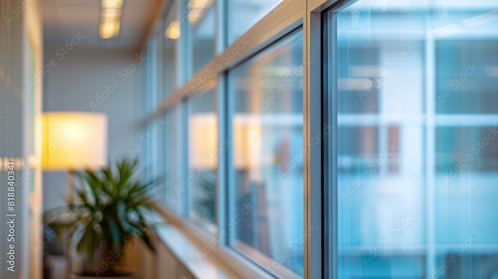 Wall mural A focused view of a modern office space featuring a glass door, blurred background showing an office interior with lighting and plant