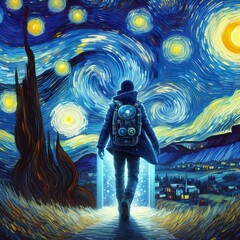 
Painting of A person in futuristic clothing stepping out of a time portal.at  starry night Generative AI