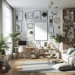 A Room with a mockup poster empty white and with a couch and a desk and a picture frame realistic card design art lively art.