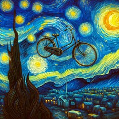 Painting of a Bicycle floating above the ground. at starry night