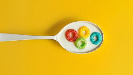 
minimalist photograph of colorful fruit loops cereal in milk on spoon, yellow background