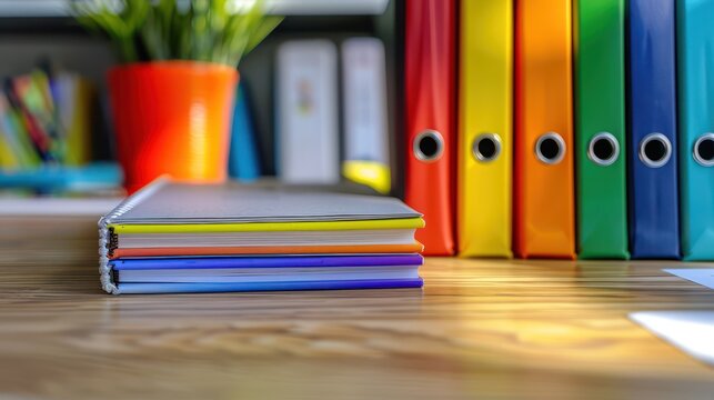 A close-up image of several colorful binders lined up on a wooden desk next to stacked notebooks and an orange pot