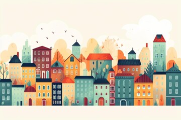 Obraz premium Colorful illustration of a charming townscape with various buildings, trees, and a cloudy sky, perfect for urban-themed projects.