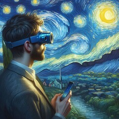 Painting  of A person wearing AR glasses looking at the stars at starry night Generative AI