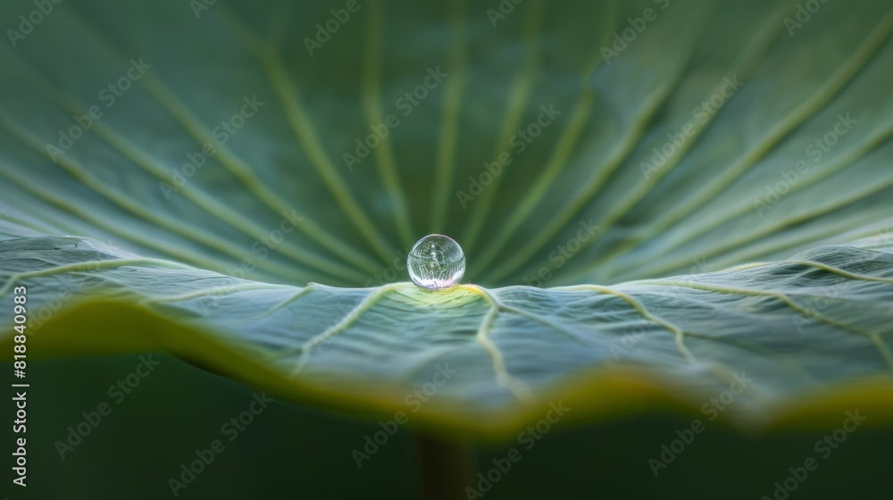 Poster close-up of a single water droplet sliding down the smooth surface of a lotus leaf