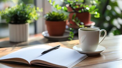 A serene workspace featuring a steaming cup of coffee beside an open notebook with a pen, surrounded by indoor potted plants
