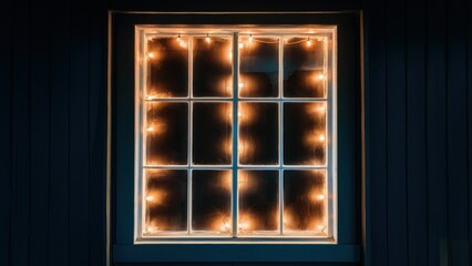 a window pane lit by lights in a dark room