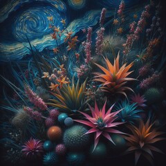 Flowers and plants that look like they belong in a sci-fi movie at starry night Generative AI