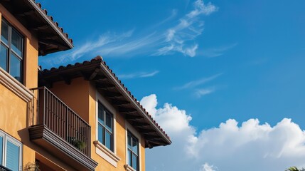 Orange residential building under a clear blue sky with wispy clouds, focusing on architectural details