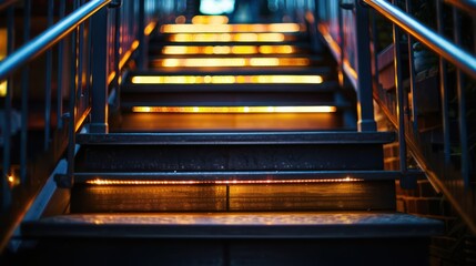 The image captures a stairway lit with warm lights at night, creating a serene and inviting...
