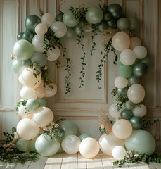 a stunning balloon garland arch with pastel green and ivory balloons against a crisp white background. Vary the sizes of the balloons for depth, securing them to a sturdy frame or flexible piping. Han