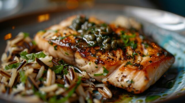 Close-up of a swordfish steak with caper sauce and a side of wild rice