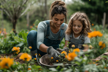 Mother and daughter are gardening together in the garden.