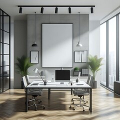 A Room with a mockup poster empty white and with a large table and chairs in office realistic art attractive realistic harmony.