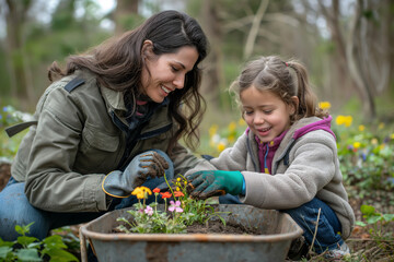 Mother and daughter are gardening together in the garden.