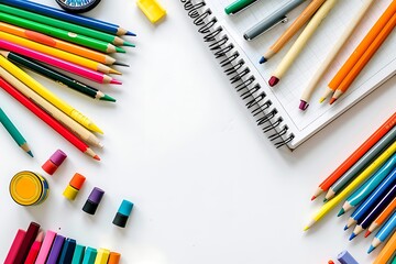 Creative Design Tools Flat Lay - Colorful Pencils, Markers, Sketchbook on White Background