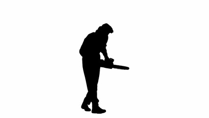 Black silhouette of male maniac in overalls walking with chainsaw in hand. Unrecognizable man with...