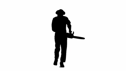 Black silhouette of male maniac in overalls walking with chainsaw in hand. Unrecognizable man with curly hair on white isolated background.