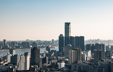 Fototapeta premium The clear sky, the magnificent skyscrapers on the Wuhan skyline have a modern appearance