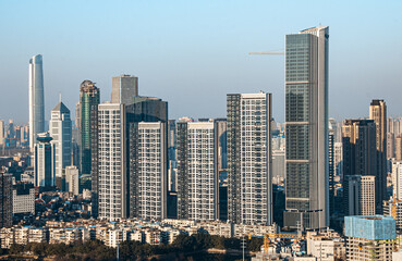 Naklejka premium The clear sky, the magnificent skyscrapers on the Wuhan skyline have a modern appearance