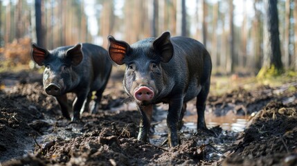 Black domestic pigs in the mud in a forest on a sunny day.