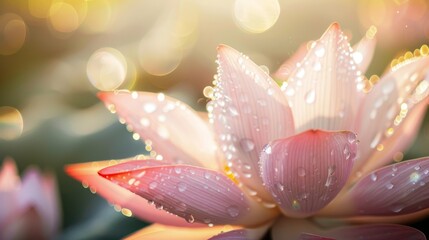Close-up of dew drops glistening on a delicate lotus flower petal in the morning light
