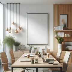 A Room with a mockup poster empty white and with a table and chairs in office realistic lively attractive image.