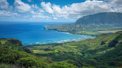 Vibrant image capturing the stunning scenery of a coastal region with lush greenery and deep blue ocean waters