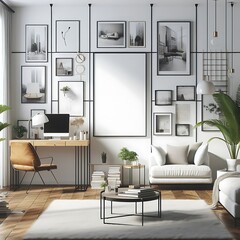 A Room with a mockup poster empty white and with a white wall and pictures on the wall realistic attractive image attractive has illustrative.