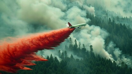 Close-up of fire retardant being dropped from an aircraft to suppress a forest fire