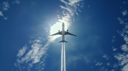 Commercial airline with blue sky and sun on the background